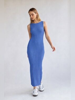 Hydrangea Blue Ribbed Knit Stretch 100% Viscose Midi/Maxi Dress✨